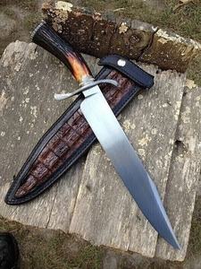 Cuchillo Bowie de Acero de Damasco Hecho a Mano con Punta Clip y Mango de Cuerno de Ciervo, Hoja Fija Forjada para Caza, Supervivencia, Camping, OEM Personalizable - Product Image 3