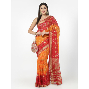 Sari de Seda con Arte Bandhani y Bordado Zari, Modelo Royal Blossom - Product Image 1