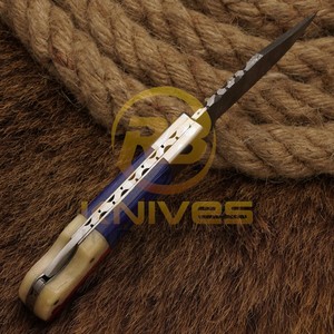 Damascus Steel Hunting <b>Knife</b> Drop Point Blade Red Blue <b>Handle</b> Brass Bolster 7 Inch Overall Camping Outdoor Use - Product Image 3