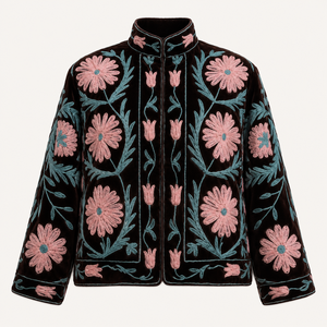 Veste en velours chaud pour femmes, broderie florale Suzani, faite à la main, en coton ethnique, doublée, manches longues, pour le printemps, l'automne et l'hiver - Product Image 1