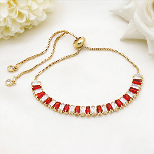 Pulsera de tenis de plata de ley 925 chapada en oro con circonitas rojas y blancas para mujer, cadena ajustable con cristales baguette - Product Image 3