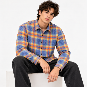 Chemise en flanelle à carreaux bleu et orange pour homme, manches longues, 100% coton, boutonnée, décontractée, pour l'automne - Product Image 6