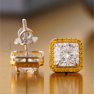 4.17 CT Yellow Cushion Lab Grown Diamond Halo Stud <b>Earrings</b> 14K Two-Tone Gold VVS1 White Rose 18K Rose Gold Screw Pattern - Product Image 3