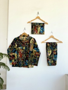 Conjunto de Pijama de Manga Larga con Estampado Animal para Mujer, Cuello Camisero, 100% Algodón Tejido, Casual, Verano, Suave, con Botones - Product Image 1