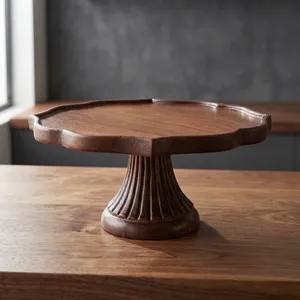 Eco Friendly Acacia Wood Cake Pedestal <b>Stand</b> Rustic Scalloped <b>Wooden</b> Dessert Server <b>Cupcake</b> Display <b>Stand</b> for Parties Weddings - Product Image 3