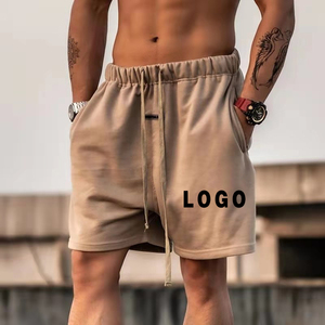 Pantalones cortos de algodón beige sólido para hombre, con cordón ajustable en la cintura, estilo casual, de longitud media, con logo frontal, conjuntos de pantalones cortos para hombre - Product Image 2