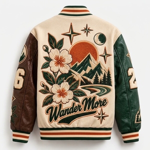 Chaqueta de Béisbol para Hombre, Chaqueta Letterman con Cuerpo de Lana, Mangas de Cuero, Diseño Floral de Montaña Bordado, Chaqueta Bomber de Equipo - Product Image 2