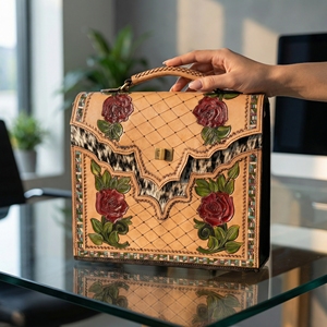 Sac à bandoulière léger en cuir véritable avec fleur de rose sculptée à la main, rabat réglable, longue bandoulière - Product Image 3