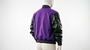 <b>Purple</b> <b>Varsity</b> <b>Jacket</b> Men Leather Sleeve Embroidered Logo Turn-down Collar Casual Autumn Wear - Product Image 3