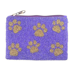 Handmade Purple Beaded Coin Purse Glass Seed Beads Paw Print Embroidery Zipper Pouch <b>Women</b> Card Holder Ladies <b>Wallet</b> Change Case - Product Image 1
