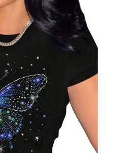 T-shirt personnalisé noir pour femme avec imprimé papillon et strass, manches courtes, décontracté, été, mélange de coton, haut tendance OEM sur mesure - Product Image 2