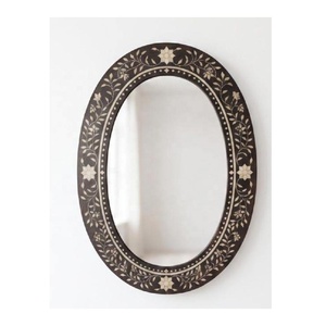 <b>Black</b> Floral Oval <b>Mirror</b> <b>Frame</b> Bone Inlay Handmade Wall Mount for Living Room Bedroom Hallway Entryway Decorative <b>Mirror</b> <b>Frame</b> - Product Image 1