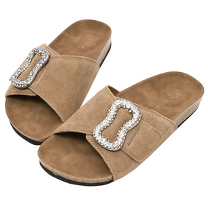 Ann'S Cushioned Faux Suede Open Toe Slide Sandals With Rhinestone Buckle <b>Summer</b> Brown Fashion <b>Slippers</b> - Product Image 1