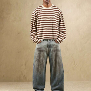 Premium Stitching Wholesale Men's <b>Brown</b> And White Striped O-Neck <b>Long</b> <b>Sleeve</b> Knitted T-Shirt Casual Style Plus Size Cotton <b>Top</b> - Product Image 5