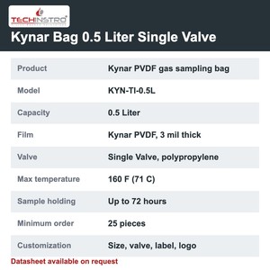 ถุงเก็บตัวอย่างก๊าซ TECHINSTRO Kynar ขนาด 0.5 ลิตร ทำจากฟิล์ม PVDF แบบวาล์วเดี่ยว ป้องกันการรั่วซึม สำหรับการเก็บตัวอย่าง VOC กลิ่น และอากาศ - Product Image 6