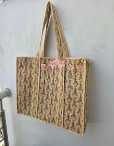 Handmade Jaipuri Block Print Cotton Zipper Bohemian Style Floral Printed Women's Indian Traditional High Quality <b>Beach</b> Tote Bag - Product Image 4