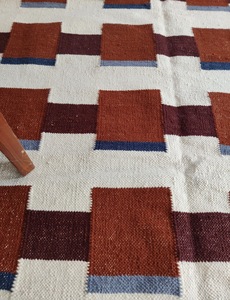 Handwoven <b>wool</b> kilim rug with <b>red</b> geometric block pattern on ivory base, modern design, durable, lightweight, - Product Image 4