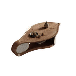 Table basse contemporaine naturelle avec forme en bois incurvé et panneau d'accent en marbre pour intérieurs décoratifs sculpturaux - Product Image 4