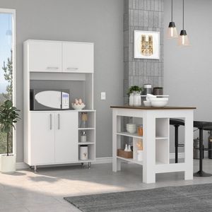 Set Cucina Ralston a 2 Pezzi con 7 Ripiani e 4 Ante, Isola e Dispensa in Bianco e Noce - Product Image 1