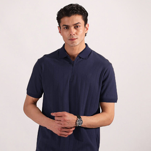Polo de Algodón Azul Marino para Hombre, Manga Corta, Corte Regular, Color Sólido Informal, Tejido de Punto Transpirable - Product Image 1
