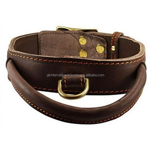 Collier de chien en cuir de selle double épais solide et durable avec poignée en cuir roulé cousu et raccords en laiton réglables robustes - Product Image 3