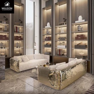 Sofá Seccional de Cuero Genuino de Alta Gama, Estilo Moderno y Lujoso, Muebles de Sala de Estar y Sofá de Metal Plateado para Villa - Product Image 5