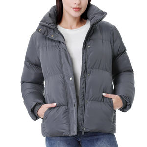 Blouson matelassé gris à col montant pour femme, vêtement d'extérieur décontracté d'hiver, couleur unie, extérieur en polyester, coupe-vent, épais, coupe régulière - Product Image 3