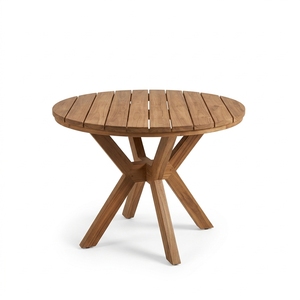 Table de salle à manger ronde en teck massif pour intérieur et extérieur, plateau à lattes, pieds en forme de croix, teck naturel, meubles de terrasse - Product Image 1