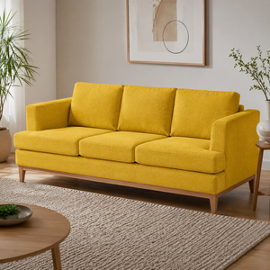 Sofá moderno de 3 plazas tapizado en tela amarilla para sala de estar con patas de madera y cojines para el hogar. - Product Image 3