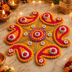 Décoration de Rangoli Diwali rose et jaune faite à la main avec pompons, motif Paisley et travail miroir pour la décoration festive de la maison - Product Image 2