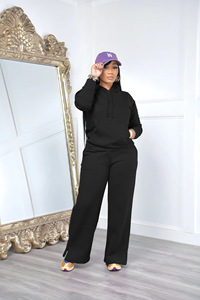 Ensemble de sweat-shirt à capuche uni pour femmes avec poches, coupe régulière, tenue décontractée d'automne, manches longues, en coton tricoté - Product Image 2