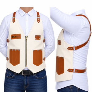 Flamia & Jabz Canvas Bib Apron Vest With Leather Pockets And Zipper Closure For <b>Cooking</b> Workwear - Product Image 4
