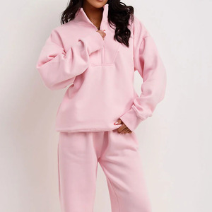 Ensemble de survêtement rose pour femme, demi-zip, manches longues, coupe ample, couleur unie, décontracté, pour l'automne, avec poches latérales - Product Image 4
