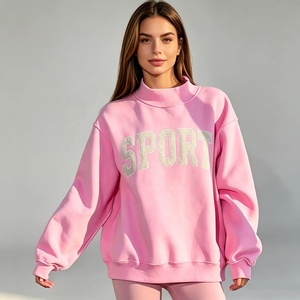Sudadera de Invierno Personalizada Informal de Algodón Rosa, Transpirable, Ecológica, de 360 g, con Bordado de Parches, Hombros Caídos y Cuello Alto para Mujer - Product Image 2