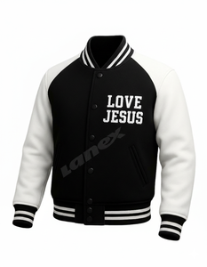 Nouvelle Veste de Baseball Chrétienne pour Hommes, Design Noir et Blanc, Broderie LOVE JESUS, Manteau Imperméable à Bouton Unique - Product Image 1
