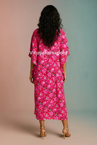 Caftán Floral Vibrante de Algodón, Elegante, Hecho a Mano, Estilo Bohemio, Ropa de Estar por Casa para Mujer, Estampado de Bloques, Inspirado en la Maternidad, Midi, Ecológico - Product Image 5