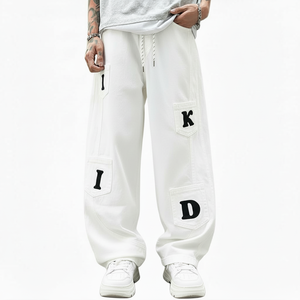 Vaqueros de mezclilla de punto rectos y holgados para hombre, personalizados, ecológicos, con estampado de letras, estilo urbano, casual, lavado medio, para verano - Product Image 1