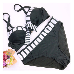 Women's Bikini Set <b>Crossed</b> Halter <b>Top</b> High Waist Bottom Striped Contrast Binding Spandex Polyester Stretch Swimwear - Product Image 1