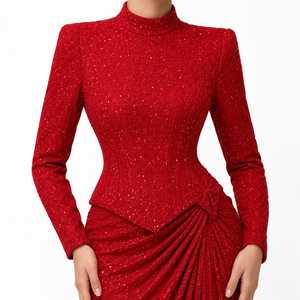 Robe longue moulante en tweed avec perles, paillettes et strass pour femme |   Robe de soirée de créateur à col montant et taille naturelle, jupe drapée, hiver - Product Image 3
