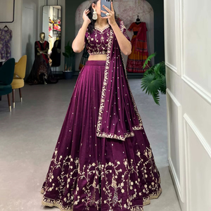 Wine Faux Vichitra <b>Silk</b> Embroidered Sequins Lehenga Wedding Wear - Product Image 1