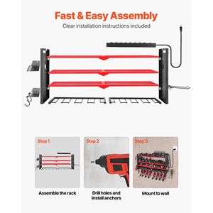 Organizzatore per Utensili a 4 Livelli con 8 Supporti, Stazione di Ricarica per Attrezzi Elettrici, Organizzatore da Parete per Garage con Pannello Forato Laterale - Product Image 6