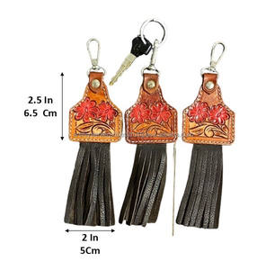 New Real Handcrafted Genuine Color Tooled Leather <b>Cute</b> Charming Tassel <b>Keyrings</b> Hot Sale Western Style Modern Floral Key Fobs - Product Image 2