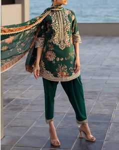 Salwar Kameez vert à fleurs pour femmes avec broderie, coupe ample, style traditionnel indien pakistanais, en rayonne, tenue décontractée - Product Image 3