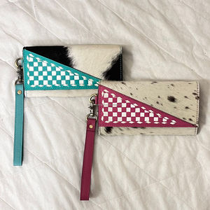 Premium Quality Luxury Turquoise & White Checkered Hair on Genuine Leather Women Clutch Card & Cash Holder Daily Use <b>Wallet</b> - Product Image 4