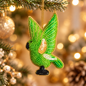 4. Zari Embroidery Green Parrot <b>Hanging</b> Decoration Handmade Beaded Bird Ornament for Christmas & Festive Decor - Product Image 1