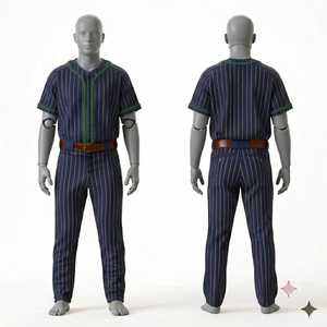 Men's <b>Baseball</b> Uniform Set Striped Navy Green Short Sleeve Button Front Pants Belted Regular Fit All Seasons Apparel - Product Image 1