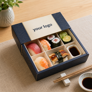 Boîte à bento pour sushis avec compartiments pour sushis, wasabi, sauce soja, gingembre et edamame, dans un emballage en carton réutilisable - Product Image 4