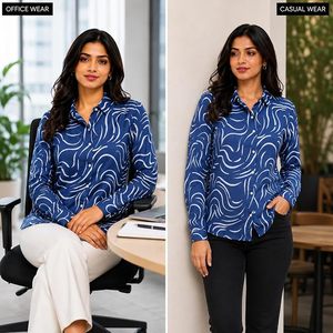 Chemise bleue imprimée pour femmes |   Tissu en rayonne |   Coupe classique à manches longues |   Vêtements décontractés et de bureau - Product Image 3