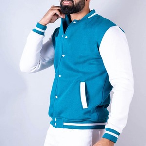 <b>Men's</b> Turquoise Varsity <b>Jacket</b> <b>White</b> Sleeves Stand Collar Pullover Regular Fit Preppy Style Autumn Wear Finished Front Windproof - Product Image 4