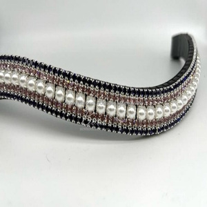 Bandas para cejas de caballo de cuero de vaca de grano superior en cuero de lujo con acabado negro, 5 filas de perlas y cristales multicolores, banda para cejas con brida ostentosa - Product Image 5